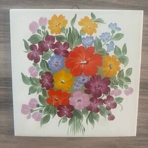 Vintage 1980 Collector Ceramic Tile Trivet 6 x 6 Colorful Floral Poland Kafelki